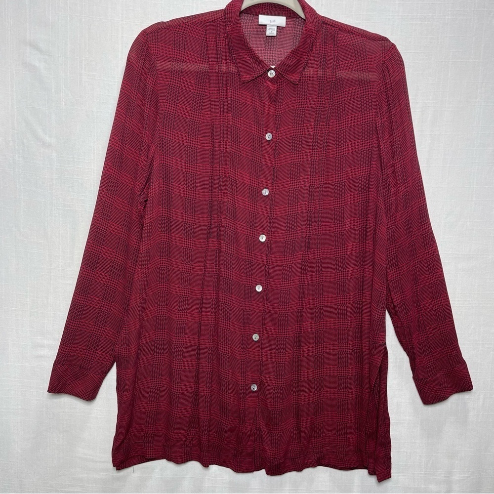 J jill Red & Black Houndstooth Sheer Long Sleeve Blouse Women's M PETITE